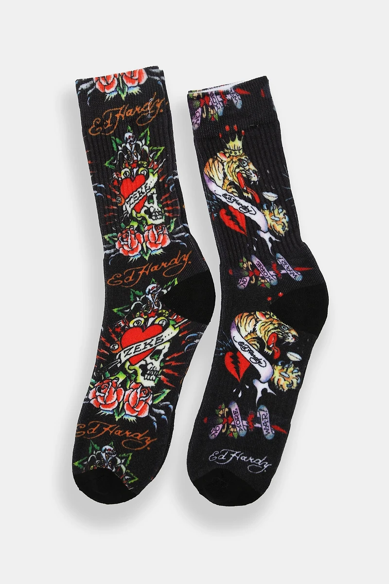 Chaussettes imprimées Ed Hardy Tigre couronné paquet de 2
