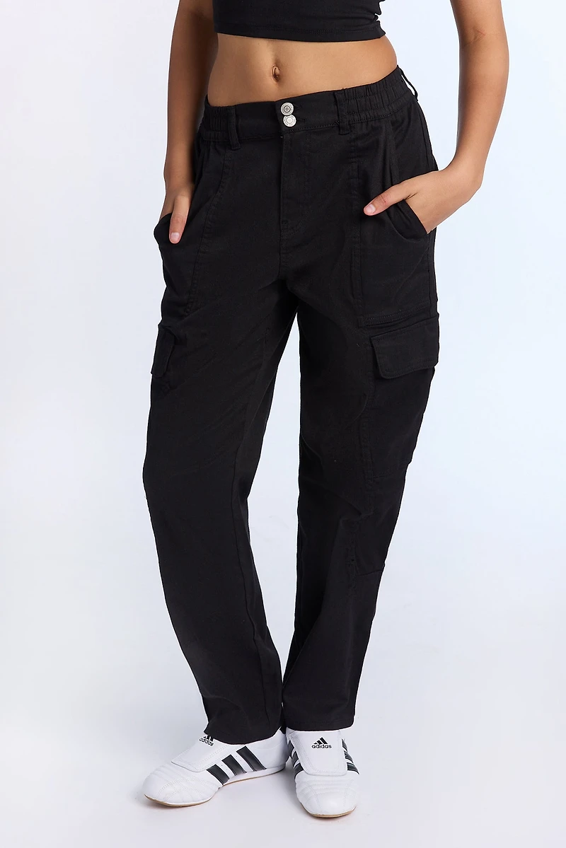 High Rise Twill Cargo Straight Leg Pants