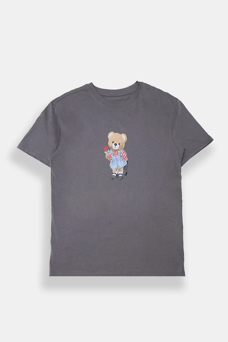 T-shirt coupe garçonne imprimé rose ours en peluche