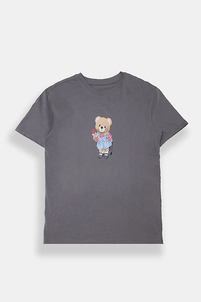 T-shirt coupe garçonne imprimé rose ours en peluche