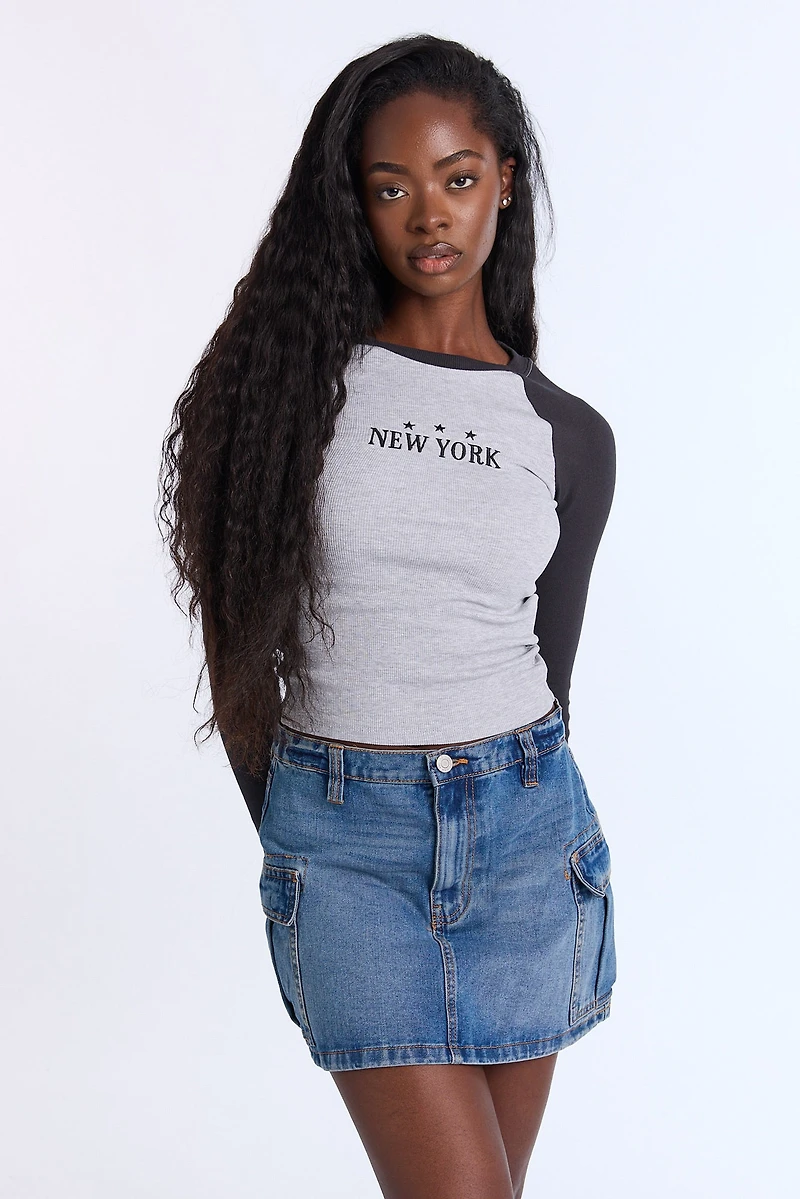 T-shirt à manche raglan graphique étoile New York brodé