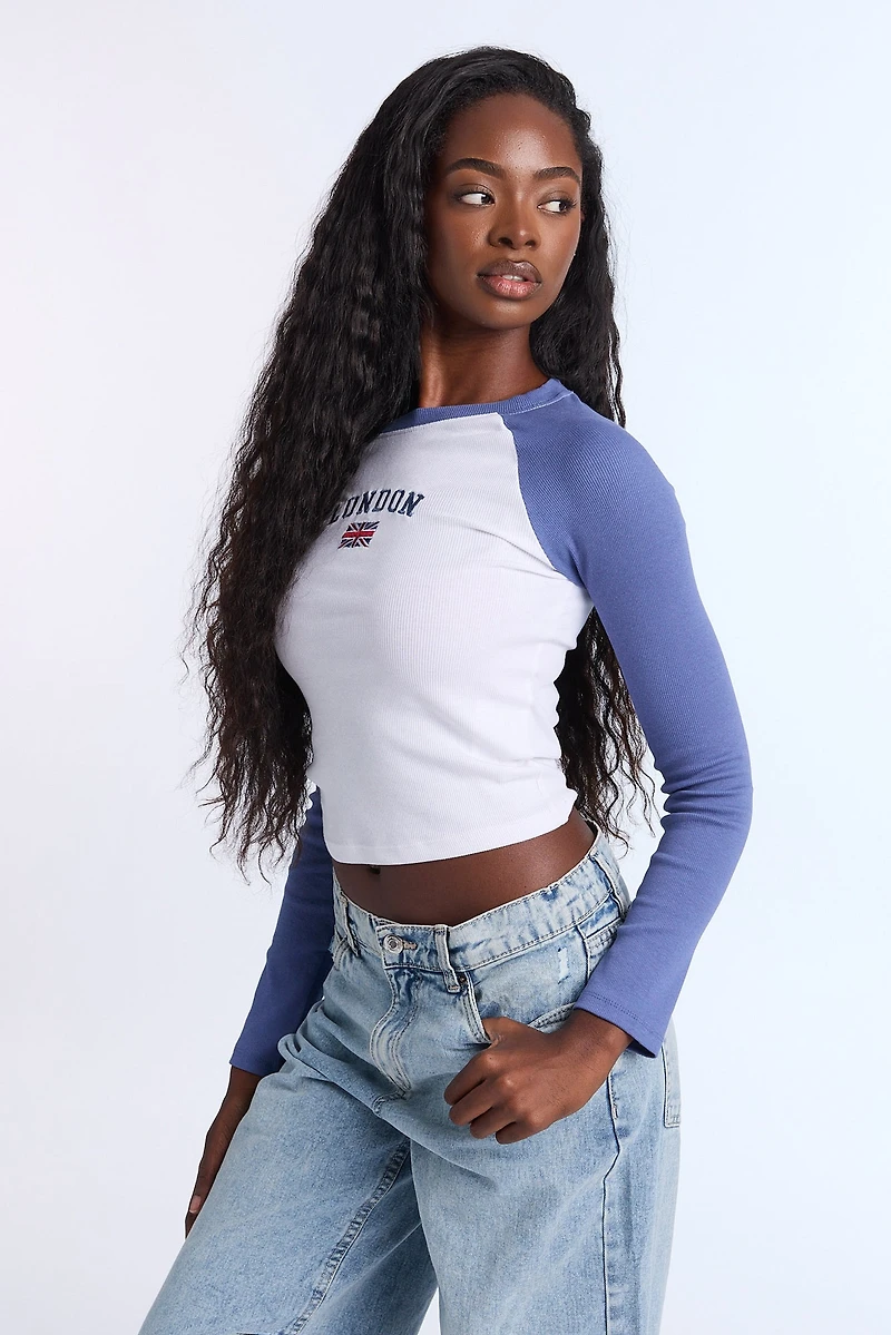London Embroidered Graphic Raglan Long Sleeve Tee