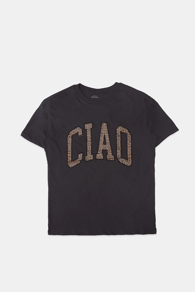 Ciao Leopard Embroidered Graphic Boyfriend Tee