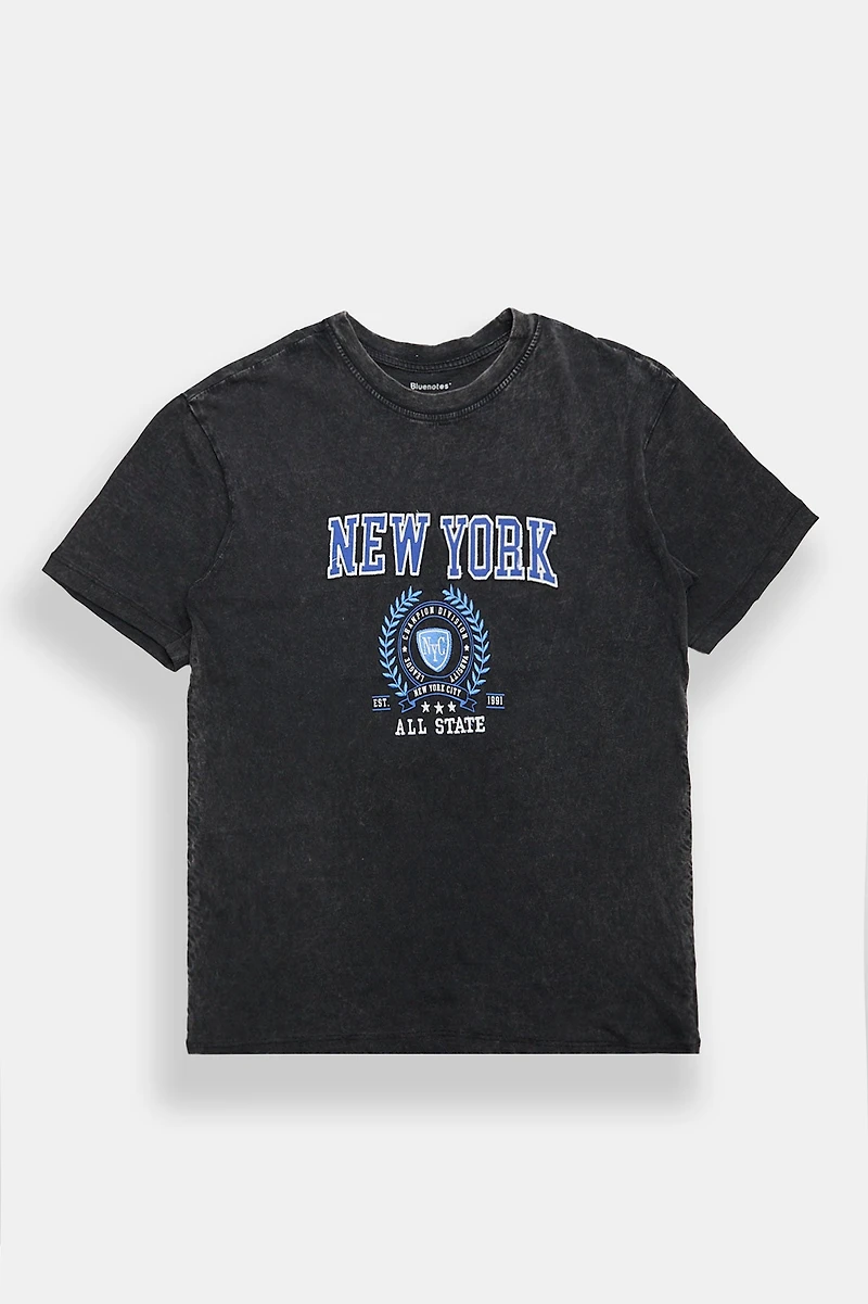 New York City Crest Graphic Acid Wash Boyfriend Tee