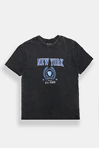 New York City Crest Graphic Acid Wash Boyfriend Tee