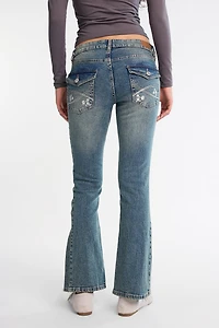 Low Rise Embroidered Pockets Bootcut Jeans