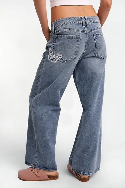 Chloe Butterfly Embroidered Low Rise Baggy Jeans