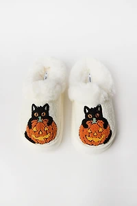 Black Cat & Pumpkin Faux-Shearling Plush Slippers