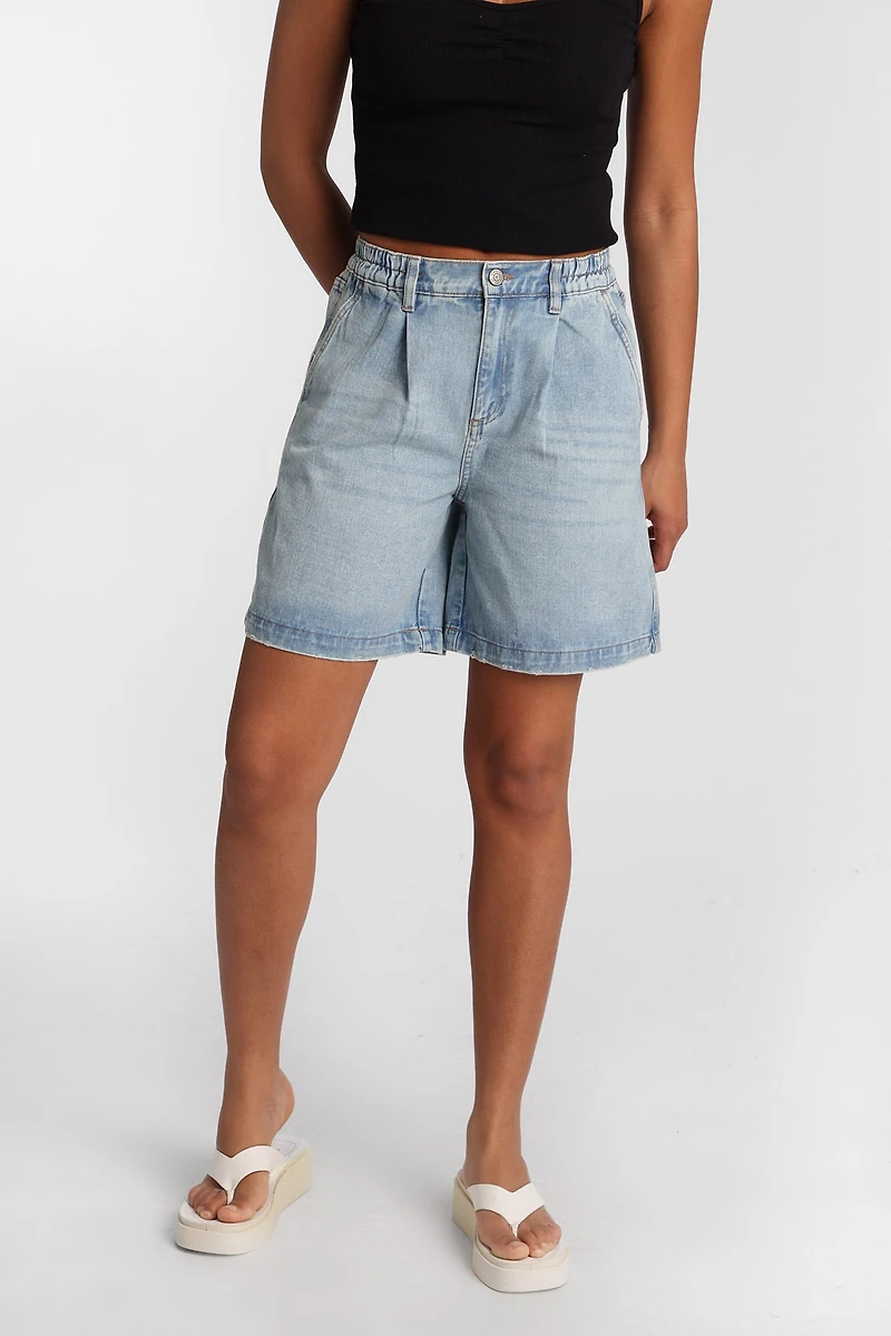 Short en jean style pantalon taille haute à extensible