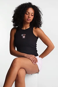 Tennis Bear Embroidered Ribbed Knit High Neck Tank Top