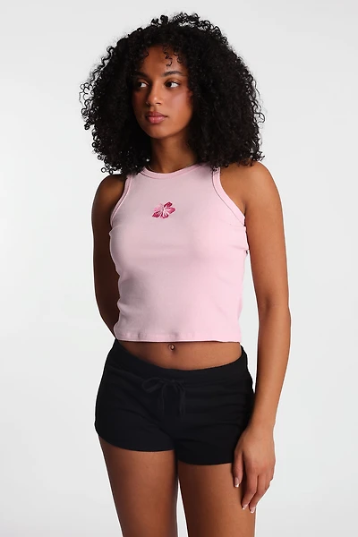 Hibiscus Embroidered Ribbed Knit High Neck Tank Top
