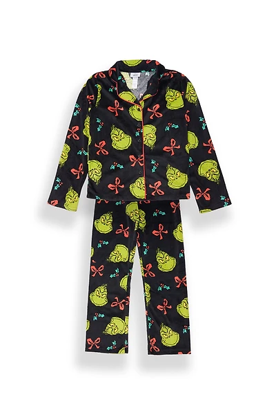 Girls' The Grinch Bow Velour Pajama Dad Shirt And Pants 2-Piece Set