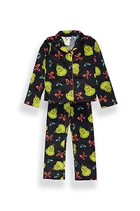 Girls' The Grinch Bow Velour Pajama Dad Shirt And Pants 2-Piece Set