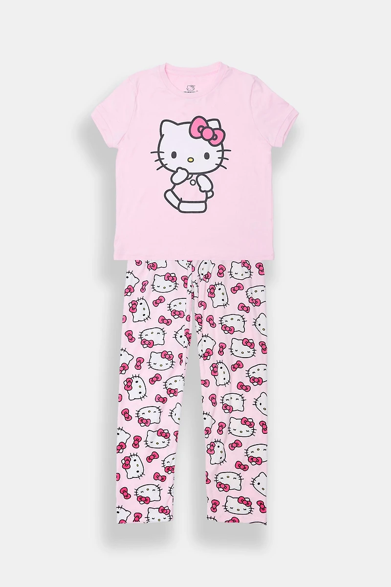 Girls' Hello Kitty Bow Pajama Tee & Pants 2-Piece Set
