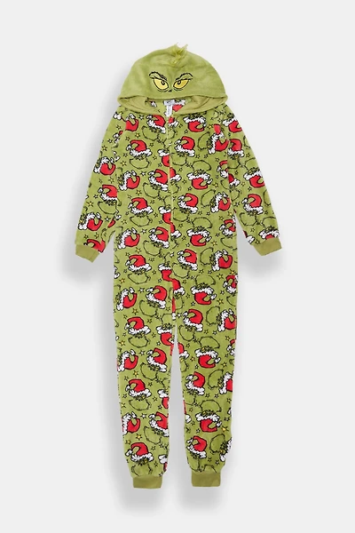 Combinaison pyjama pelucheux à capuche imprimé chapeaux de Noël Le Grincheux pour fille