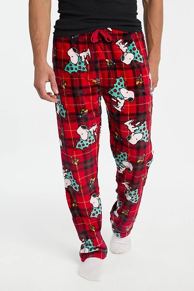 Pantalon pyjama pelucheux à carreaux Peanuts Snoopy sapin de Noël