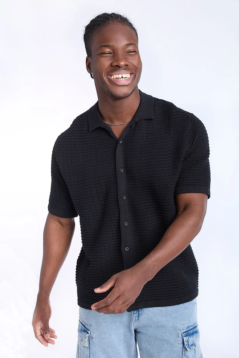 Textured Sweater Knit Short Sleeve Shirt