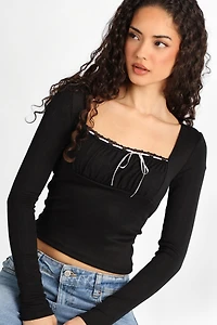 AERO Pointelle Knit Long Sleeve Ruched Square Neck Top