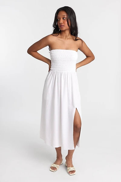 AERO Linen-Blend Strapless Midi Dress