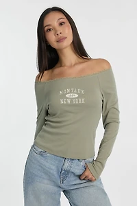 AERO Graphic Off-Shoulder Long Sleeve Lace Trim Top