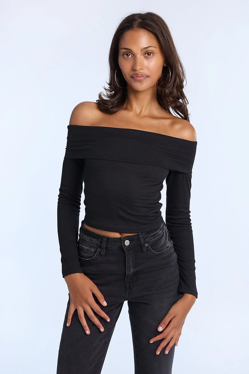 AERO Fold-Over Long Sleeve Off-Shoulder Top