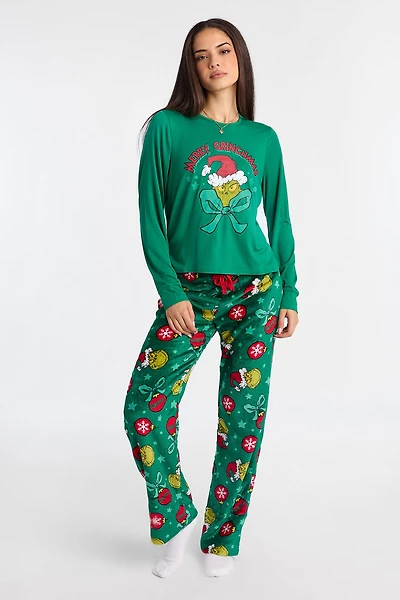 Merry Grinchmas Long Sleeve Pajama Top And Plush Pants 2-Piece Set