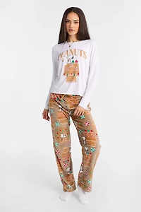 Peanuts Snoopy Gingerbread House Long Sleeve Pajama Top And Plush Pants 2-Piece Set