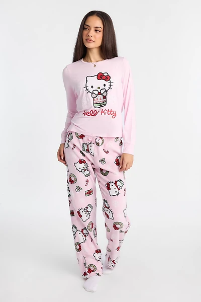 Hello Kitty Snowflakes Long Sleeve Pajama Top And Plush Pants 2-Piece Set