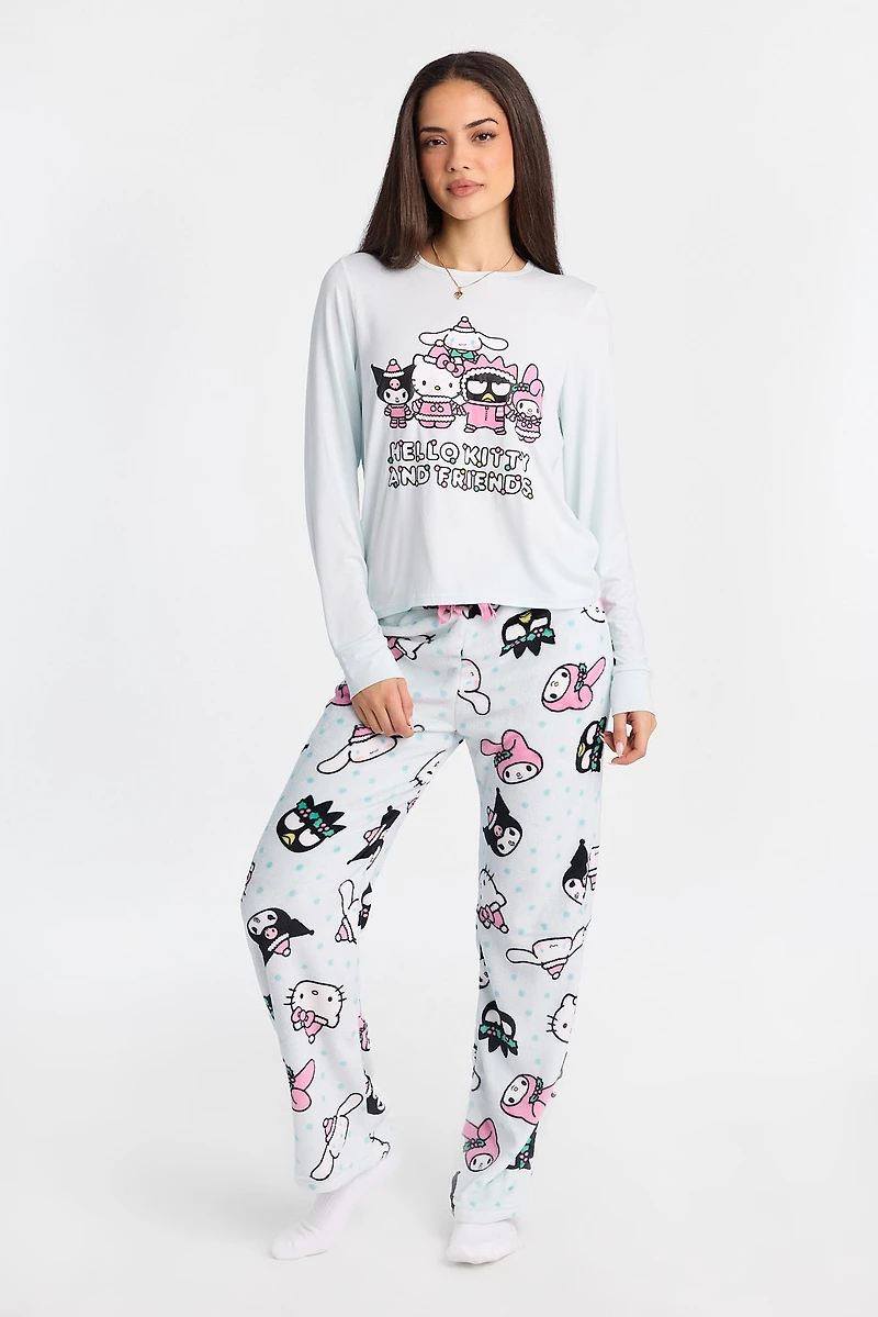 Hello Kitty Long Sleeve Pajama Top And Plush Pants 2-Piece Set