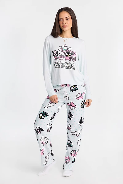 Hello Kitty Long Sleeve Pajama Top And Plush Pants 2-Piece Set