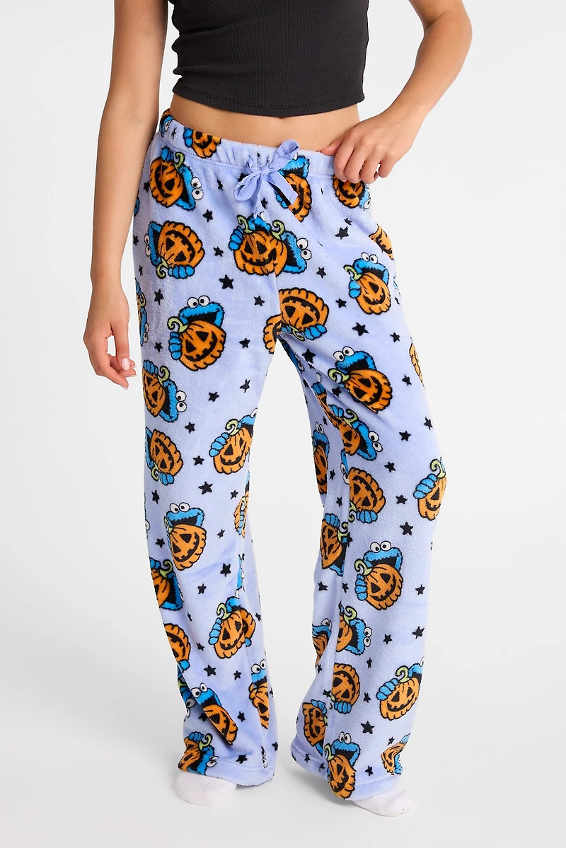 Pantalon pyjama pelucheux imprimé Cookie Monster citrouilles