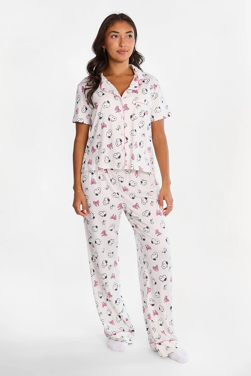 Peanuts Snoopy Bow Graphic Super Soft Pajama Dad Shirt & Pants 2-Piece Set