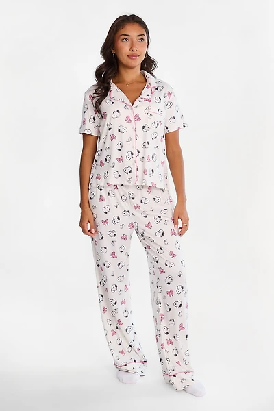 Peanuts Snoopy Bow Graphic Super Soft Pajama Dad Shirt & Pants 2-Piece Set