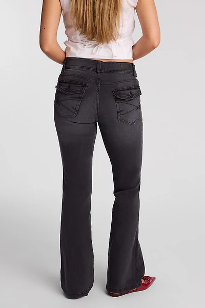 AERO Embroidered Washed Black Low Rise Flare Jeans