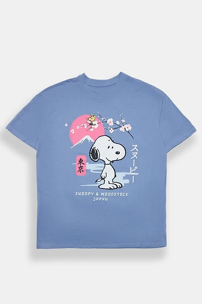 T-shirt coupe garçonne décontractée imprimé Peanuts Snoopy et Woodstock Japan