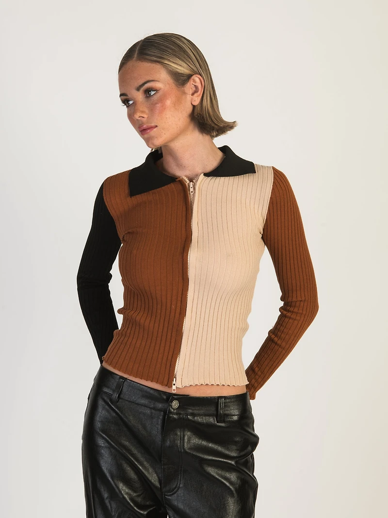 DAISY STREET LTD COLOURBLOCK ZIP KNIT TOP - CLEARANCE