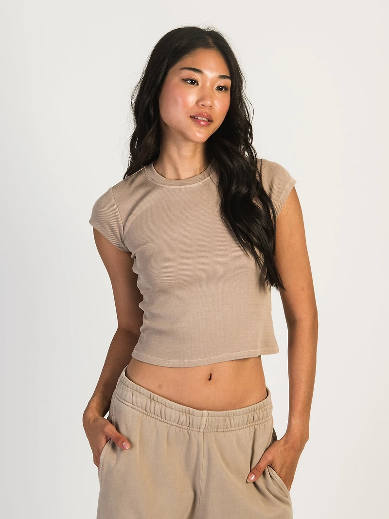 HARLOW RIBBED SHORT SLEEVE BABY TEE - MOCHA CLEARANCE