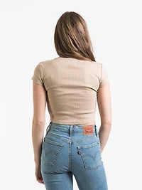 T-SHIRT À COL EN V FRONCÉ POUR FEMMES