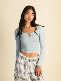HARLOW PENNY KEYHOLE LONG SLEEVE TEE - LIGHT BLUE CLEARANCE