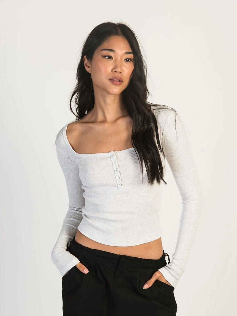 HARLOW DAPHNE LONG SLEEVE MELANGE HENLEY - CLOUD CLEARANCE