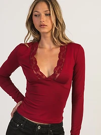 T-SHIRT HARLOW EVELYN LACE MANCHES LONGUES - BORDEAUX