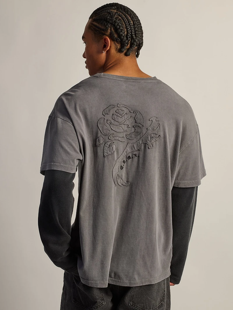 LONG SLEEVE WAFFLE FOOTBALL TEE - CHARCOAL