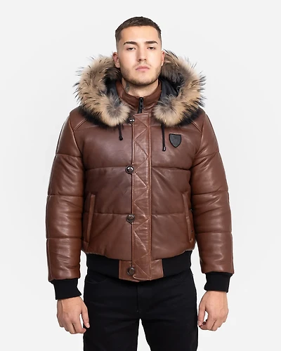 Arctic Brown All Leather Winter Jacket With Natural Fur