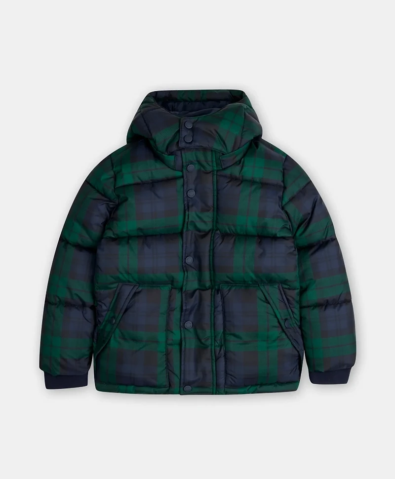 Boys Plaid Puffer Coat with Removable Hood