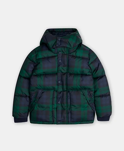 Boys Plaid Puffer Coat with Removable Hood