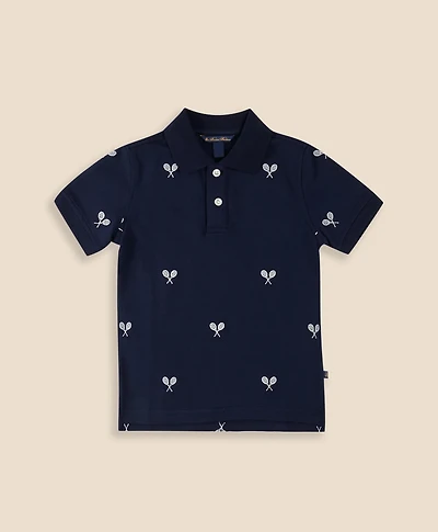 Boys Stretch Cotton Tennis- Racquet- Embroidered Pique Polo Shirt