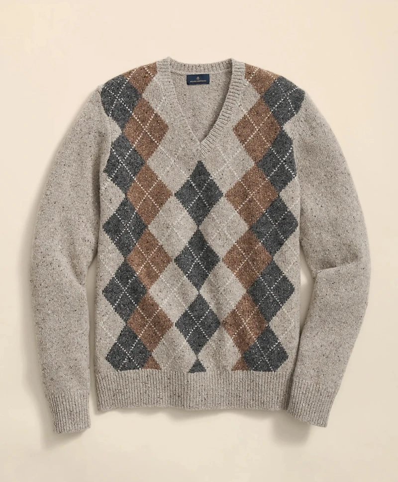 Wool Blend V-Neck Argyle Sweater