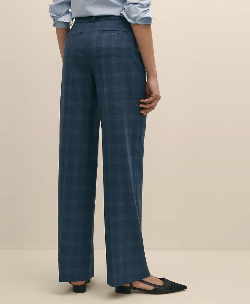 Wool-Silk Blend Plaid Straight Leg Pants
