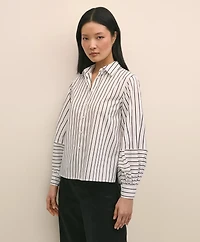 Cotton Poplin Contrast-Stripe Blouson Sleeve Shirt