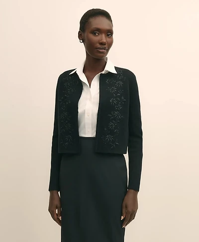 Merino-Wool-Cotton Blend Floral Embellished Cardigan